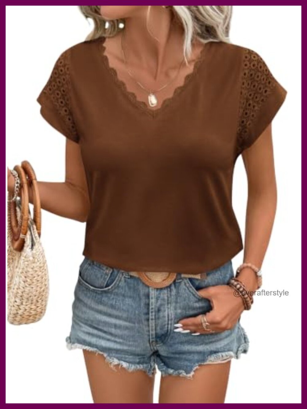 Women Lace Trim V-Neck Short Sleeve Crochet Blouse Dressy Casual Top